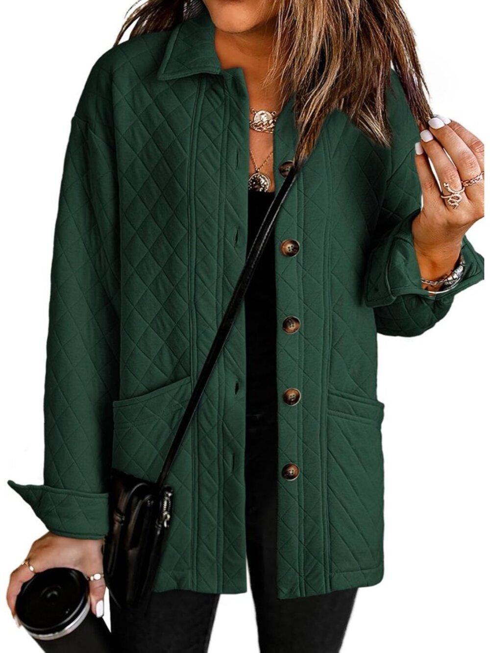 〽️Women Green Quilted Casual Lightweight Button Down Collared Pocket Sleeve Coat